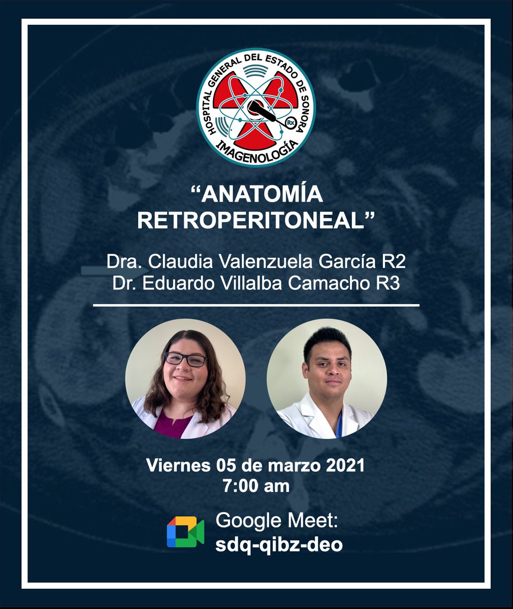 Los invitamos a nuestra próxima sesión académica virtual este próximo viernes a cargo de dos de nuestros residentes con el tema “ANATOMÍA RETROPERITONEAL”.

¡No te la pierdas!

<a href="/claudiarx18/">Claudia V.</a> <a href="/lallo1112/">Eduardo Villalba</a> 

#radiologia #orgullosamentehge