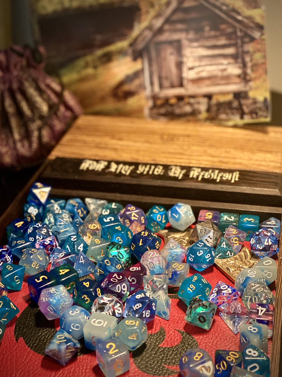 Liisabelle's tweet photo. What’d you mean, “I have a type...?” 
Gettin ready for some fun in about an hour. #rpg #dice #RPGAcademy #13thAge #shadowspawns https://t.co/bUWo5xNhI1