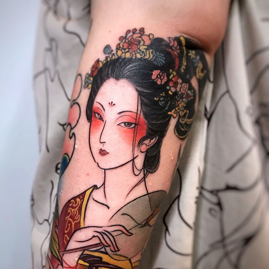 Ancient chinese tattoo art of girl by Melbourne based tattoo artist  fiona.jin via instagram #chinesetattoo #chinesepainting #ancienttattoo, image size:1080x1080