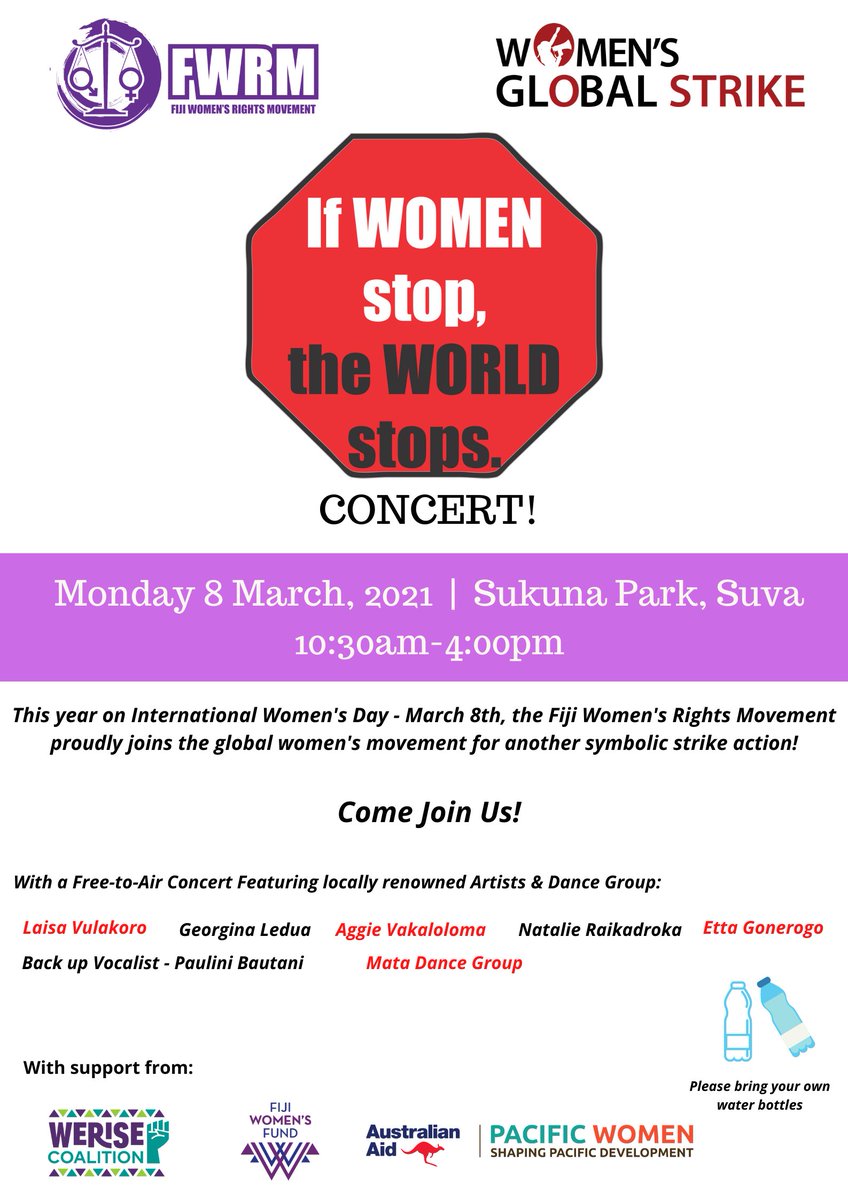 FWRM1's tweet photo. On Monday, International Women's Day - March 8! Come Join Us! At Suva's Sukuna Park from 10:30am. #IfWomenStoptheWorldStops #WGS2021 #1WD2021 #StoptheWorld #genderequality #genderjustice  @fijiwomensfund @PacWomenProgram @CoalitionWe https://t.co/NCrHO54B1d
