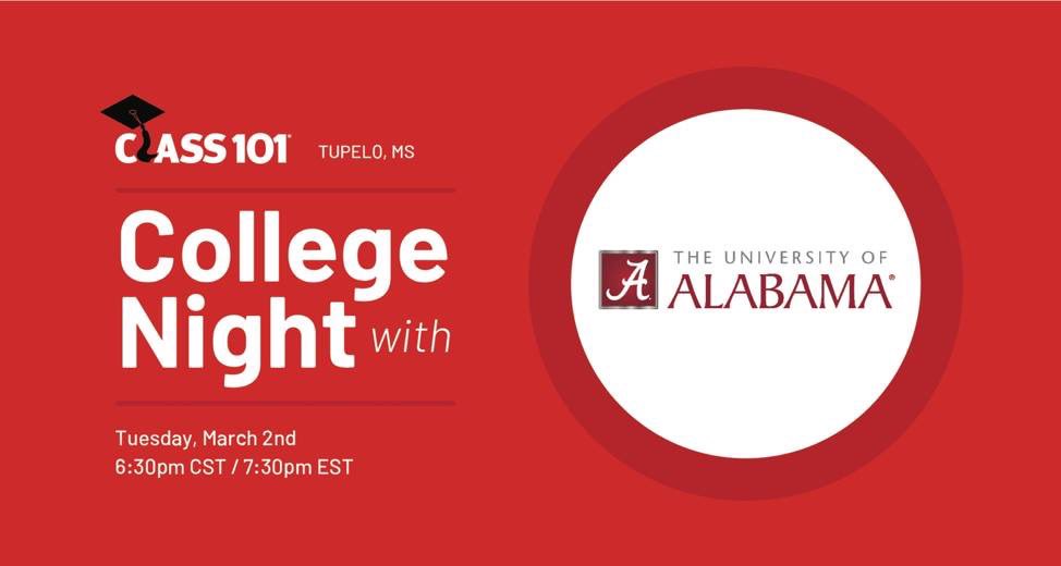 Roll Tide!! ❤️ Join Class 101’s #collegenight with University of Alabama tonight, March 2 at 6:30 pm CST / 7:30 pm EST.