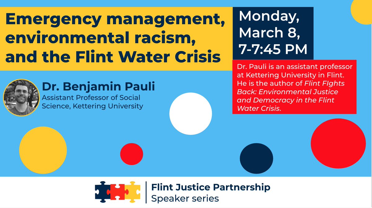 Join us next Monday, March 8 at 7 pm for the kickoff of the <a href="/umichmcsp/">MCSP</a> Steps For Awareness program. <a href="/benjaminjpauli/">Ben Pauli</a> will be speaking about emergency management, environmental racism, and the #FlintWaterCrisis

Zoom ID: 966 0716 8651
Questions: umichfjp.github.io/pages/social