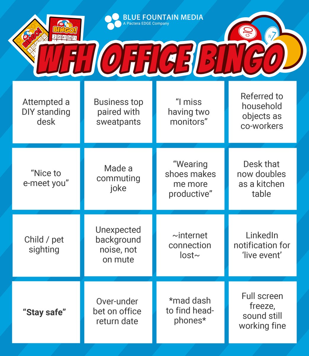 Tag a friend or share with a colleague that could use an extra laugh today! 😅

Thank you to <a href="/BFM_Agency/">Blue Fountain Media</a> for putting together this fun "Work from Home Office Bingo!"

#remotework #WFH #flexibleschedule