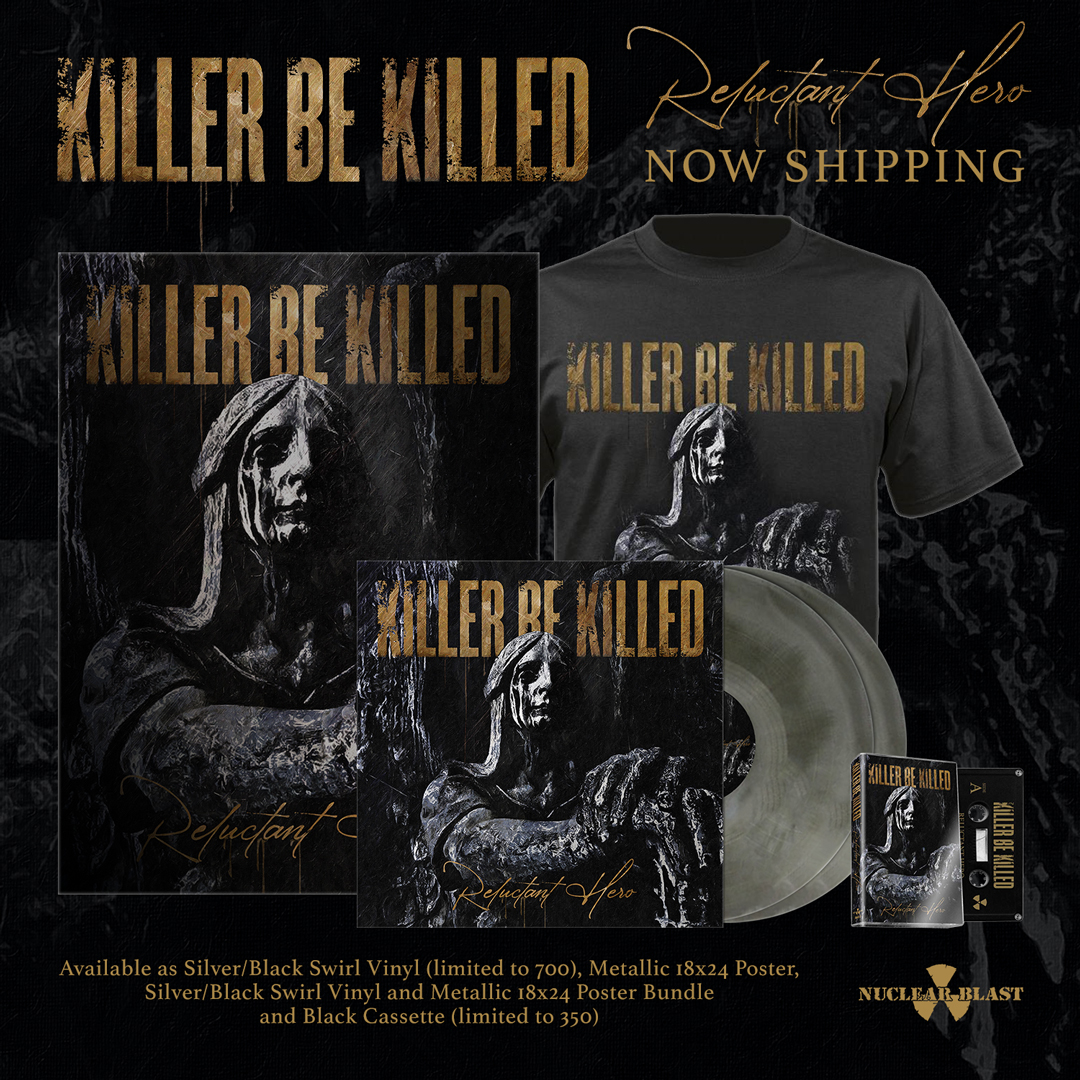 Now Shipping - #KillerBeKilled RELUCTANT HERO on Silver/Black Swirl Vinyl (Ltd to 700), Metallic 18x24 Poster, Vinyl + Poster Bundle, Black Cassette (Ltd to 350)

Available at killerbekilled.com