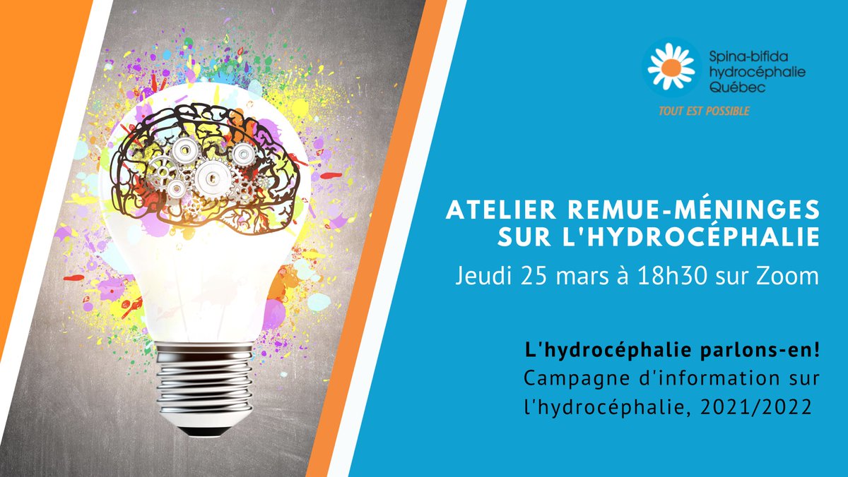 Êtes-vous atteint.e d'une hydrocéphalie ou l'un de vos proches l'est? Participez à notre premier atelier de remue-méninges sur l'hydrocéphalie. Cet atelier servira à recueillir votre expérience et nous enrichir de vos réflexions. Zoom le 25 mars 18h30

fb.me/e/1bcBUQEej