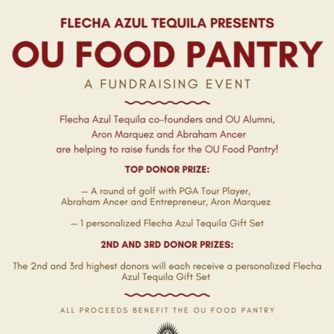 OUFoodPantry's tweet image. Our fundraiser for the OU pantry is LIVE, and we need YOUR help! Flecha Azul Tequila co-founders and OU Alumni Aron Marquez and Abraham Ancer are helping raise money for the OU Food Pantry! The link below will lead you directly to our fundraising site!

kindest.com/853249-flecha-…