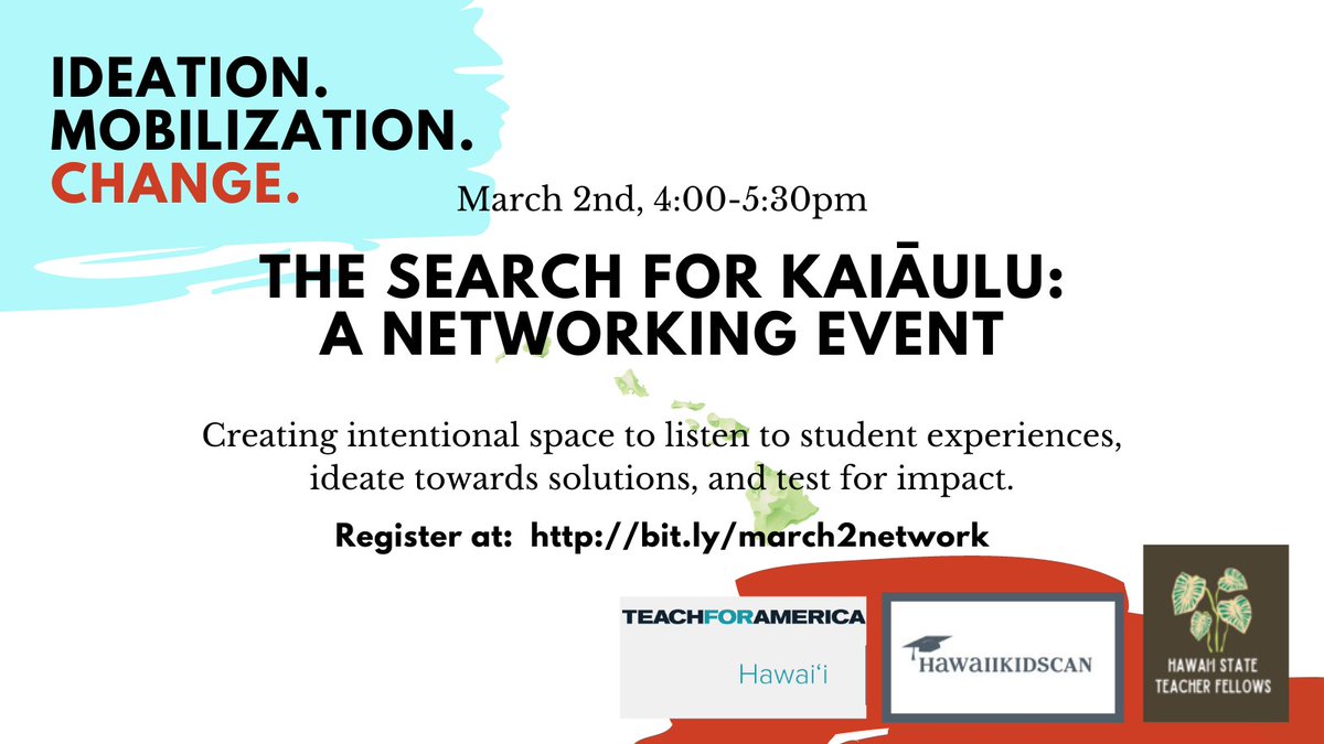 Teach For America Hawaiʻi (@tfahawaii) on Twitter photo Today's the day! Join us along w/ <a href="/HawaiiKidsCAN/">HawaiikidsCAN</a> & <a href="/808TFellows/">Hawaii State Teacher Fellows</a> for another opportunity to hear from students and collaborate with others passionate about changing education. RSVP - bit.ly/march2network Today's the day! Join us along w/ <a href="/HawaiiKidsCAN/">HawaiikidsCAN</a> & <a href="/808TFellows/">Hawaii State Teacher Fellows</a> for another opportunity to hear from students and collaborate with others passionate about changing education. RSVP - bit.ly/march2network