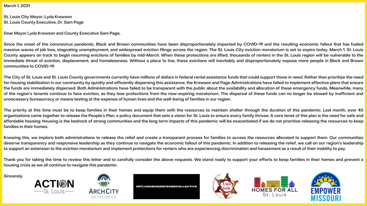 ActionSTL's tweet image. @LydaKrewson and @DrSamPage are sitting on millions of dollars that could support renters in need. Meanwhile, renters across the #STL region face eviction. 
Please join us in calling on Krewson and Page to immediately release these rental assistance funds and #cancelevictions.