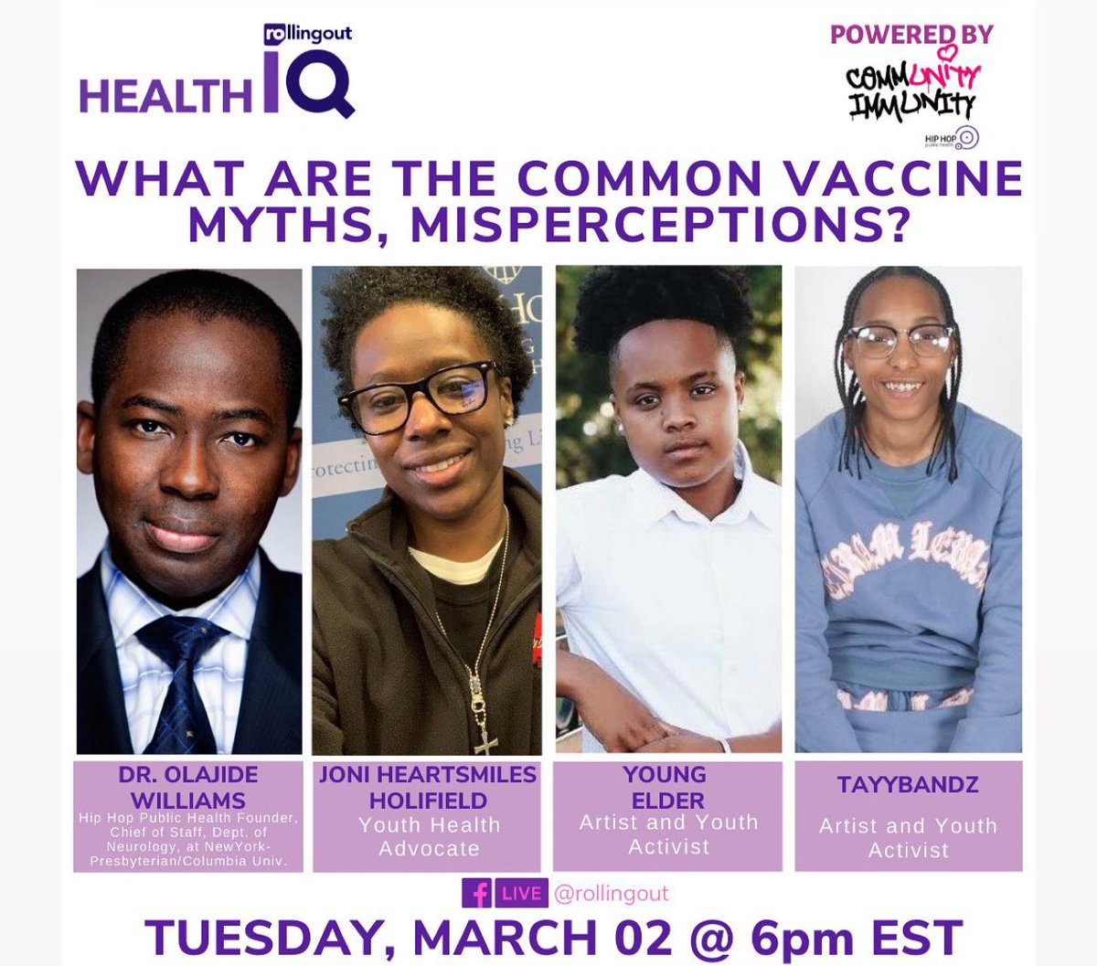 @rollingout #HealthIQ TONIGHT at 6PM  with special guest Joni HeartSmiles Holifield, Tayybandz, and Young Elder. Rounding out the panel will be Dr. Williams. #TuneIn #HealthIQ #HipHopPublicHealth @hhphorg