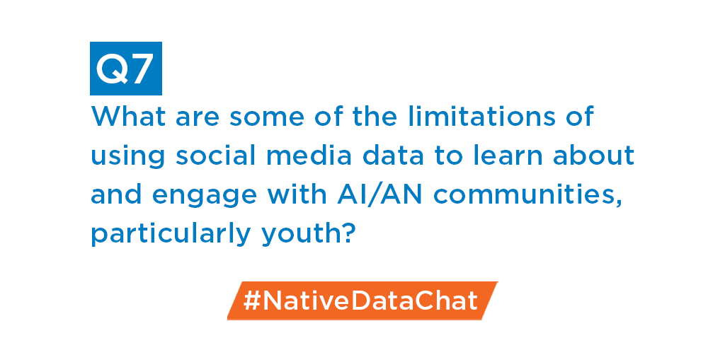 ChildTrends's tweet photo. Q7: What are some of the limitations of using social media data to learn about and engage with AI/AN communities, particularly youth? #NativeDataChat https://t.co/kmLDd8LBXF