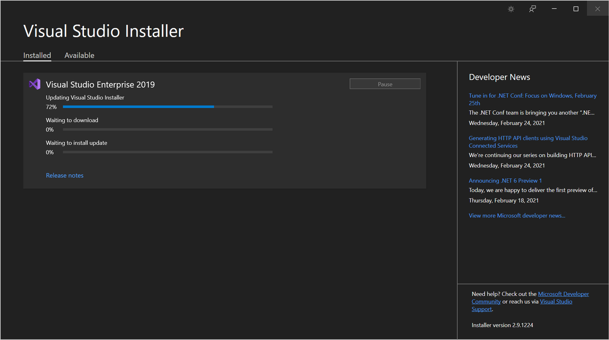 Preecington's tweet photo. Today our new @VisualStudio Installer rolls out in 16.9! 🎉 The team has worked hard on this for over a year and we're super excited for you to check it out - and never see that update-to-update button again! 😂

Check the release notes for more goodies: https://t.co/N3hSwsH7U4 https://t.co/A7xxHbUhUE