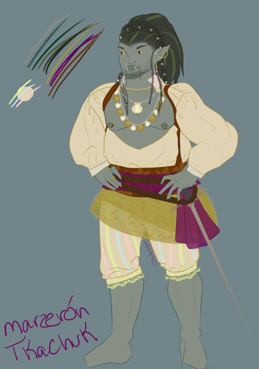 BackupLefey's tweet photo. probably playing a new dnd campaign soon (in ixalan!) so I drew my character (: It’s a little messy but I’m super proud of the seashells on their necklace! He’s a bard pirate who has tambourines as nipple piercings and he plays them by flexing his pecs. He also plays castanets https://t.co/HG7lQXN7GQ
