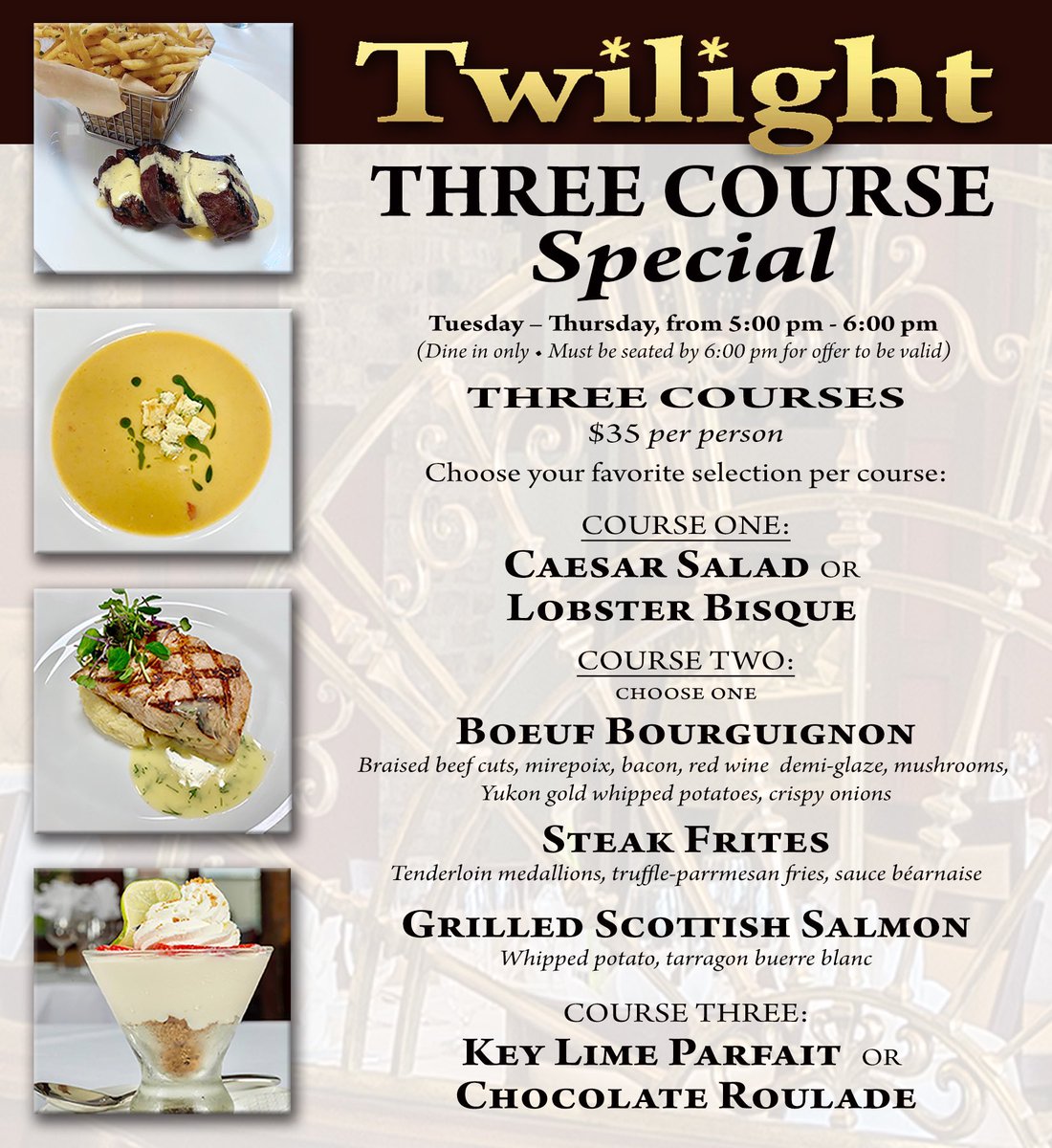 Join us for a 3 course dinner for $35!! Every Tuesday - Thursday from 5:00 - 6:00pm. Your table awaits!  #DistrictSteaks #DowntownPensacola