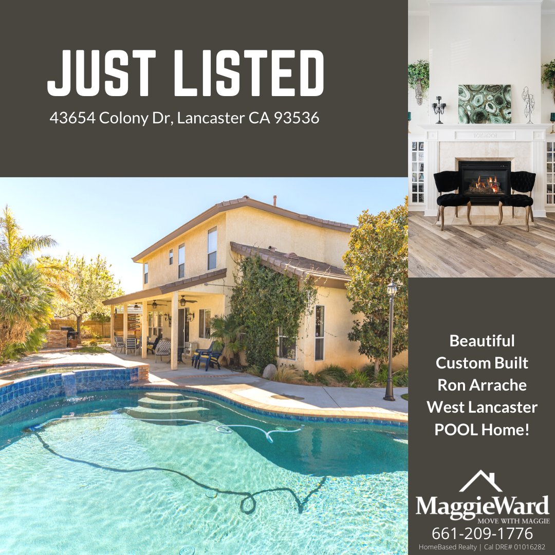 WardRealtor's tweet image. #JustListed! Beautiful custom built west Lancaster #POOLhome!

43654 Colony Dr, Lancaster CA 93536
4 Bedrooms | 3 Bathrooms | 2,848 sf
bit.ly/3rcra86

Call to schedule your showing!
661-209-1776

#HomeBasedRealty #MoveWithMaggie #MaggieWardRealtor #RealEstateEssential