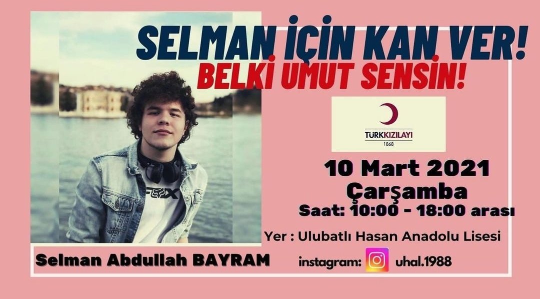 Selman arkadaşımıza donör arıyoruz. 

Kök hücre bağışının ne kadar önemli olduğunu bu sefer de Selman için gösterelim. 

18-50 yaş aralığındaysanız lütfen Bursa Ulubatlı Hasan Anadolu Lisesi'ne giderek Selman’a umut olun

Bu tweeti olabildiğince fazla kişinin görmesini sağlayalım