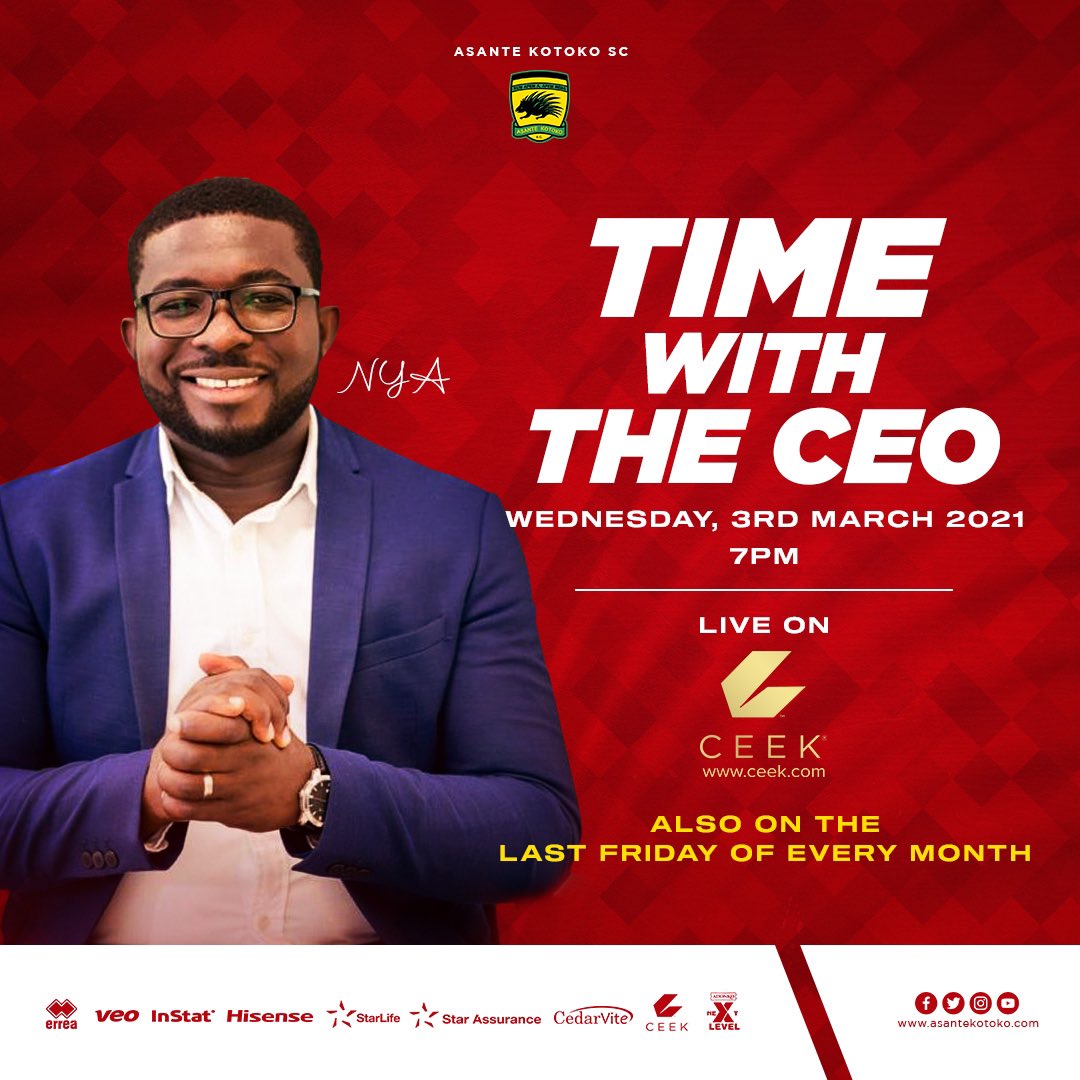 AsanteKotoko_SC's tweet photo. T I M E  W I T H  T H E  C E O  🔥🔥🔥

Introducing the new monthly informative and interactive session with our CEO ; 
Nana Yaw Amponsah live on https://t.co/YwBVUrd1aQ 

Don’t miss out 🔥

#AKSC #ariseletsbuild #TimewiththeCEO https://t.co/WsasnJGkr3