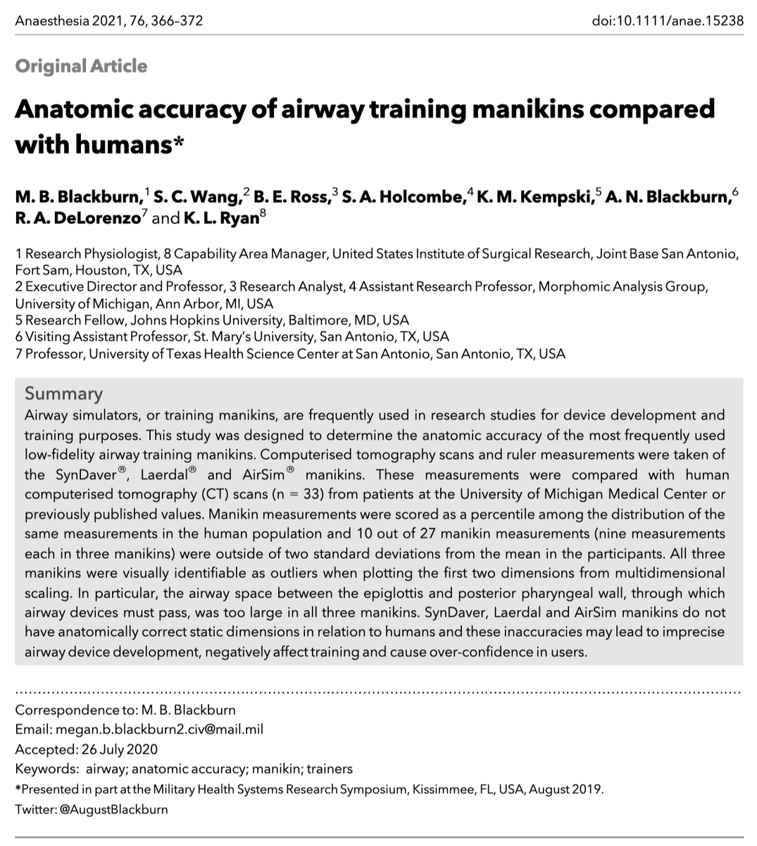 𝘈𝘯𝘢𝘦𝘴𝘵𝘩𝘦𝘴𝘪𝘢 Anatomic Accuracy Of Airway Training Manikins Compared With Humans This Great New Paper From Augustblackburn Is Now Freeforaweek To Read And Download T Co Qlbrqpcq4r T Co Tgsudusvli