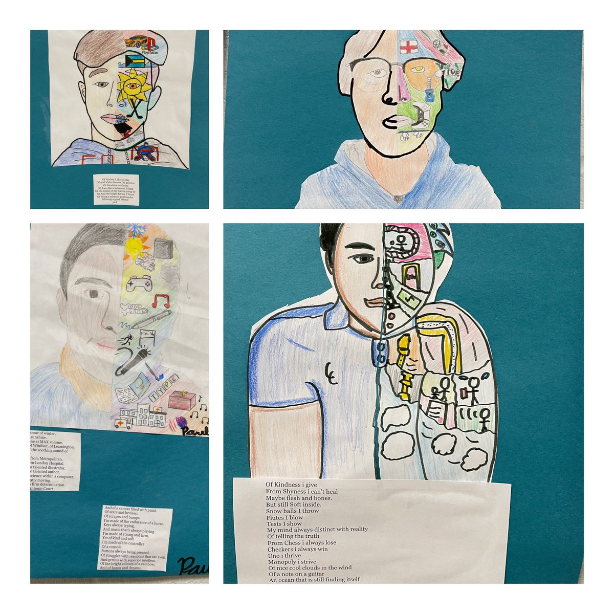 CCMS_WECDSB's tweet photo. Grade 7 and 8 students in Mr. Kostanajevec’s class wrote poems on “what they are made of”  The face creations are reflections of their poetic selves! Beautiful work 7/8K! https://t.co/k5F3dnIz2b