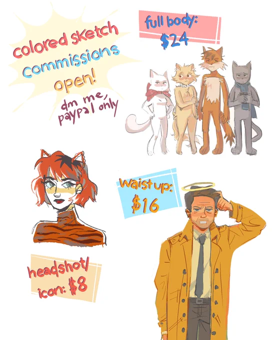 hiiii im opening a few slots for sketchy colored commissions !!! dm if ur interested, I'll qrt when theyre closed :3 if u have questions or need specifications abt what i will/won't draw, feel free to ask ^__^ 