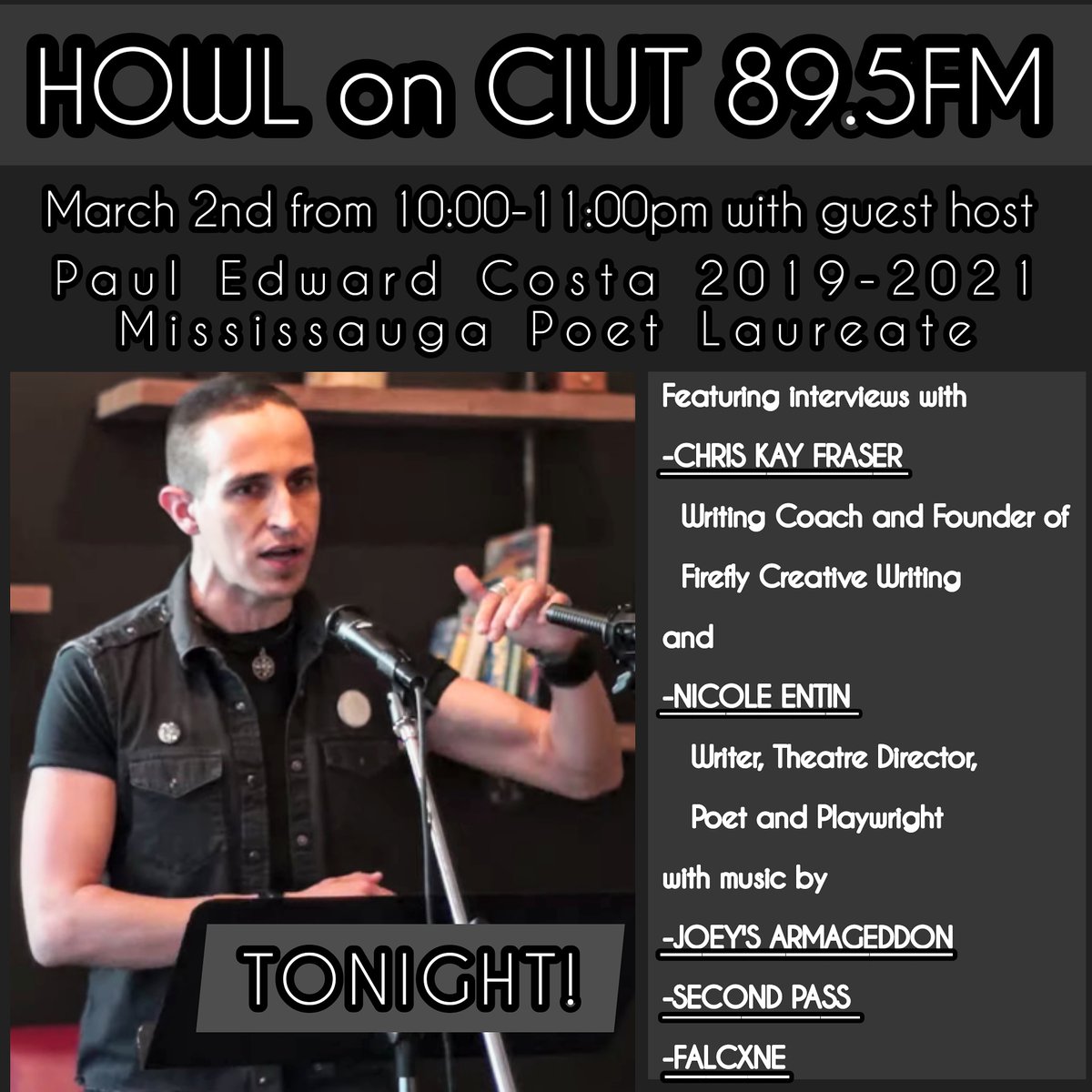 paul_e_costa's tweet image. TONIGHT at 10pm I&apos;m guest hosting an episode of @Howl895Fm (@CIUT895FM) on for @ValAssenza =) 
@firefly_writing @secondpass
@falcxne @SaugaCulture

#toronto #poetry #poetrycommunity #openmic #radio #torontopoetrycommunity #torontopoetry #poetryontheradio #howl895fm
