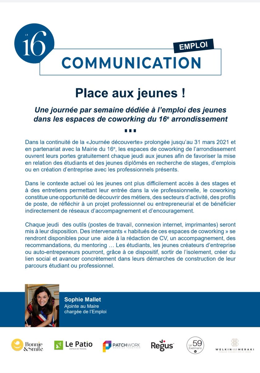 SophyMallet's tweet photo. Place aux jeunes !
#EmploiDesJeunesDansLe16

Portes ouvertes le jeudi dans les espaces de #coworking #Paris16 avec la @mairiedu16 pour les #Etudiants #JeunesDiplomes #CreateursEntreprise #RedactionCV #Stages #Conseils #ProjetProfessionnel #Accompagnement
⤵️https://t.co/VTM5tpjl9Z https://t.co/GAfbBO8COy