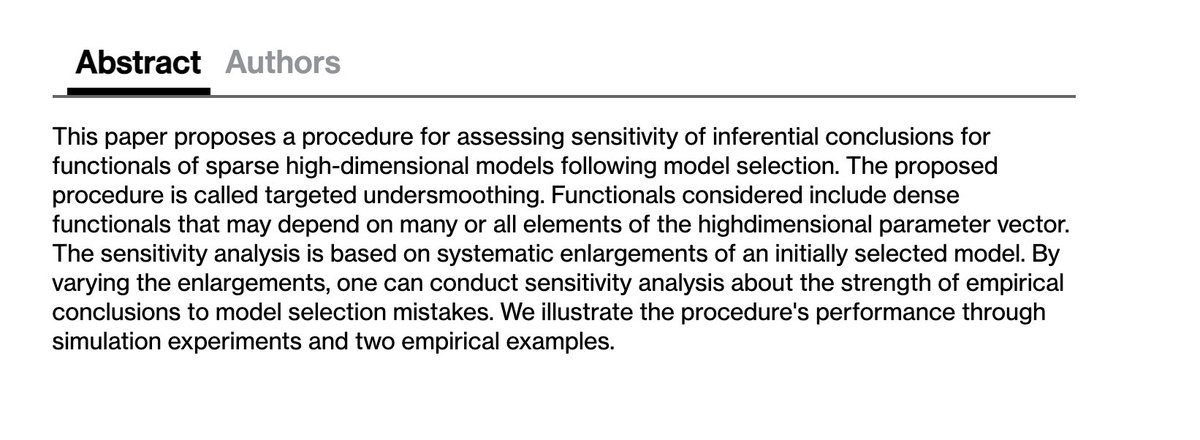 The Review of Economics and Statistics (REStat) (@restatjournal) on Twitter photo Targeted Undersmoothing. A new method for post-selection sensitivity analysis in sparse models. Just Accepted new paper by Christian Hansen, Damian Kozbur, Sanjog Misra (<a href="/sanjog_misra/">Sanjog Misra</a>) mitpressjournals.org/doi/abs/10.116… Targeted Undersmoothing. A new method for post-selection sensitivity analysis in sparse models. Just Accepted new paper by Christian Hansen, Damian Kozbur, Sanjog Misra (<a href="/sanjog_misra/">Sanjog Misra</a>) mitpressjournals.org/doi/abs/10.116…
