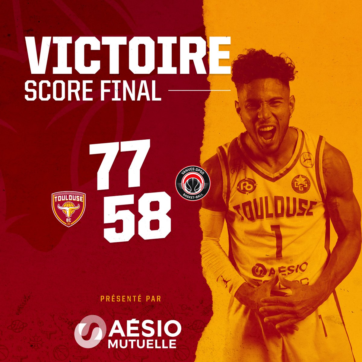 ToulouseBasket's tweet photo. 🔥 VICTOIIIIIIIIIIIIIIIRE 🔥
Après une première mi-temps serrée, le Toulouse Basket Club remporte sa 10 ème victoire de la saison !!! 
💪 Nous remercions notre partenaire santé AÉSIO mutuelle pour son soutien : https://t.co/0WLswxpTfW
#GoTBC 🔴🟡⚪ https://t.co/29eqmwaGQw