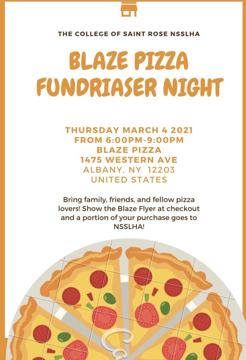 strosensslha's tweet photo. If you’re feeling extra hungry and want to support NSSLHA, join us for our Blaze Pizza Fundraiser on Thursday night from 6-9pm! The location for our event is at Stuyvesant Plaza in Albany, New York! Show the official flyer on the right when you order or use the promo code! :) https://t.co/EnBcGF0acC