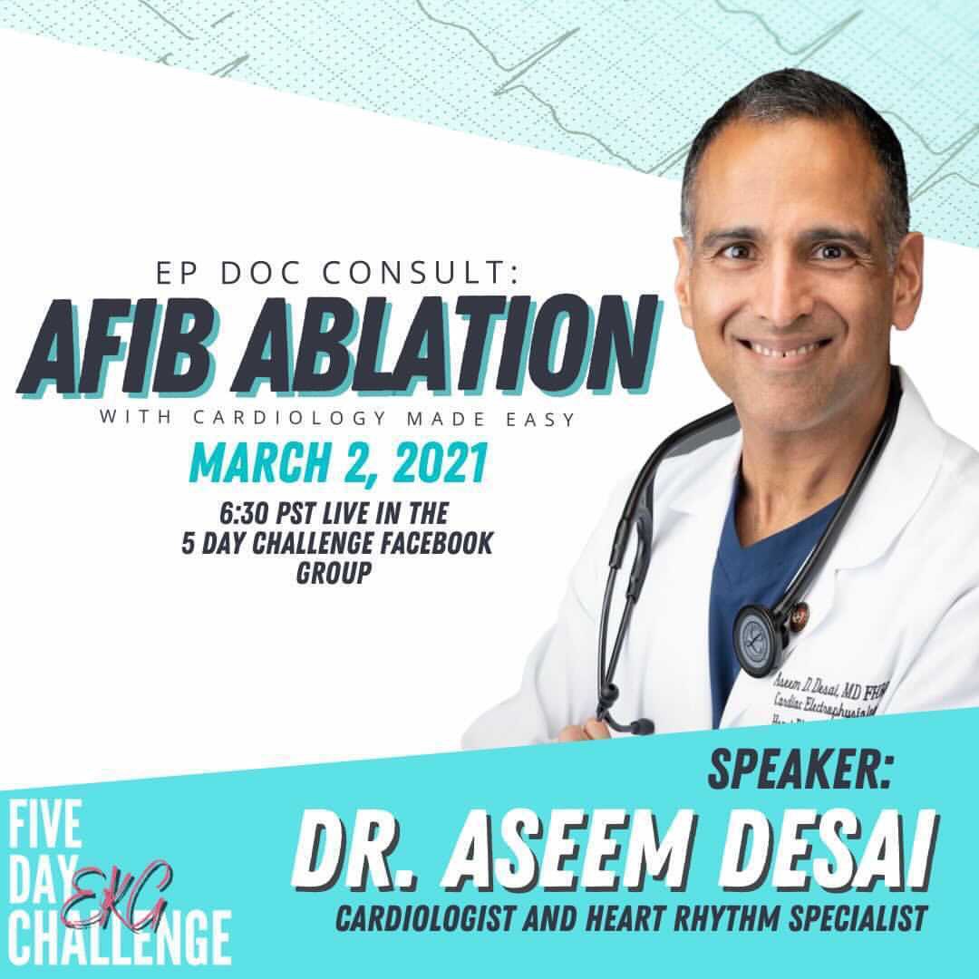 #𝗥𝗘𝗣𝗢𝗦𝗧

EP Doc Consult Tues 3/2 6:30pm PST/9:30pm EST. #CatheterAblation of #AFib

bit.ly/AFibDoc

👉Will be posted soon on youtube.com/user/desaiaseem

#cardiotwitter #MedTwitter #MedStudentTwitter #epeeps #atrialfibrillation #hearthealth @HRSonline @MissionHospital