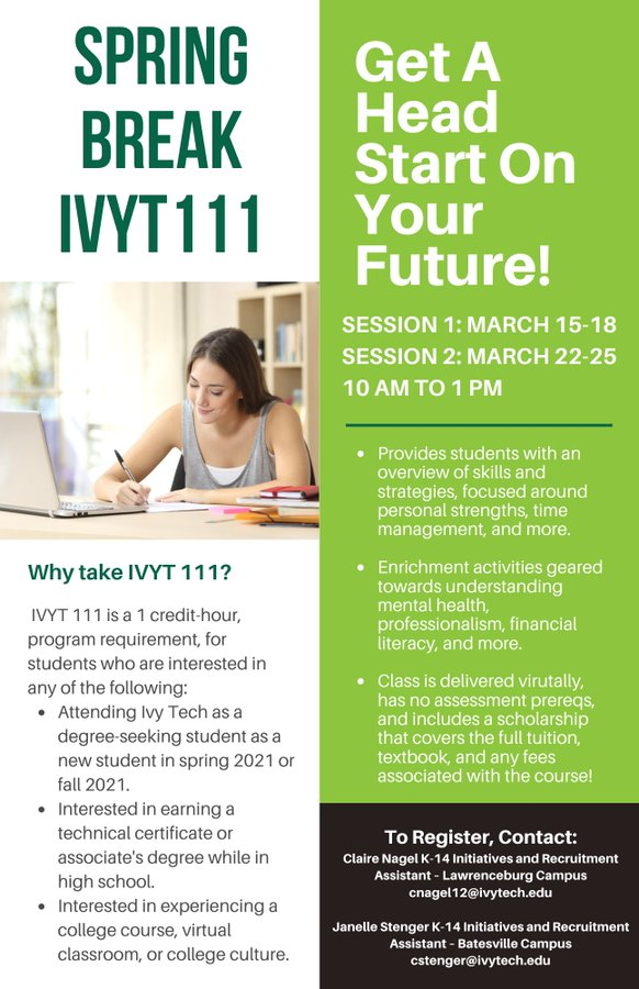 IvyLburgBville's tweet photo. 🚨Calling High School Students🚨 

🤑Get started NOW... on US.

Knock out this 1 credit hour program requirement in only four days!

For more info, check out the flyer⬇️ #WeAreIvyTech #TuesdayAtTheTech #ImWithIvy #springbreak2021 https://t.co/9Vd4kMqYoC
