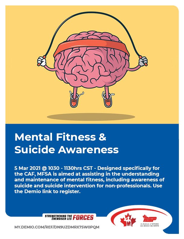 Health Promotion is putting on a 1-Hour MFSA course this Friday @ 1030hrs. If you’re interested in this course, register with <a href="/meetdemio/">Demio</a> using this link: my.demio.com/ref/DN9UzdmRX7… 🧠 — @CFMWS1 @WinnipegMFRC <a href="/PSPOttawa/">PSP CFSG (O-G)</a> <a href="/RCAF_ARC/">Royal Canadian Air Force</a> @MfsCfmws