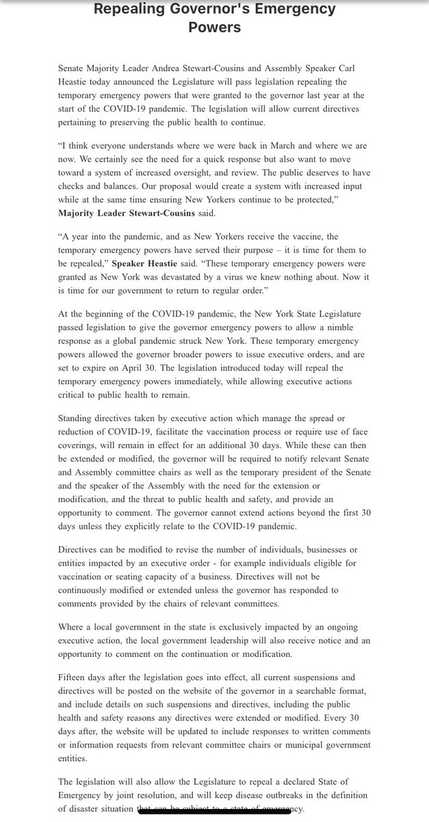 bern_hogan's tweet image. New: Democrats in NYS Legislature have reached an agreement to strip @NYGovCuomo of his emergency pandemic powers, in light of dueling scandals concerning nursing homes and sexual harassment allegations.

Bill to be dropped later tonight. Legislature can vote as early as Friday—&amp;gt;