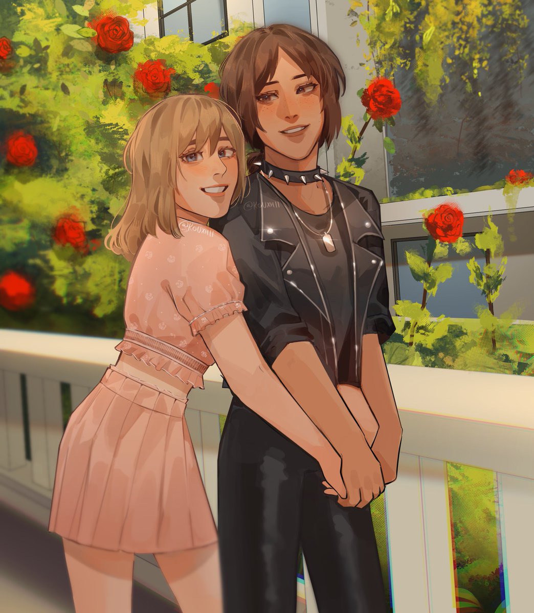 christa renz ,ymir (shingeki no kyojin) 2girls multiple girls brown hair smile yuri blonde hair flower  illustration images