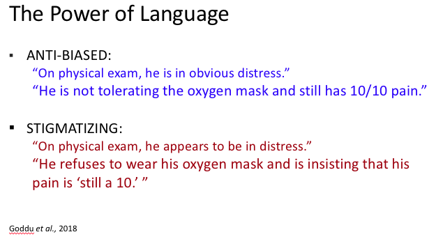 Some examples of neutral language (blue), as compared to stigmatizing or biased language (red), in describing a patient with sickle cell disease presenting to the ED with a vaso-occlusive crisis https://bit.ly/2Ps4dQy  3/x