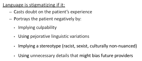 How do we define stigmatizing, biased clinical language?- Casting undue doubt: "claims he has 10/10 pain"- Implying undue culpability- Perpetuating stereotypes- Including details that are unnecessary to care and might bias future providers: e.g., criminal history2/x