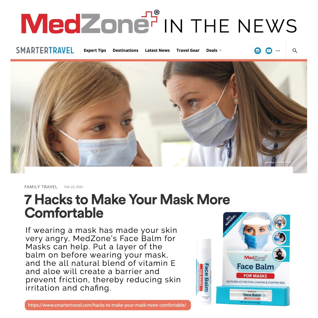 If you are starting to travel take a Face Balm w/you in your bag to help soothe your face from the extended mask wearing. We can help you enjoy the trip or after a long day wearing a mask. #facebalm #medzone #facemask #maskne #travel #travelsmarter #TravelTuesday #travelbloggers