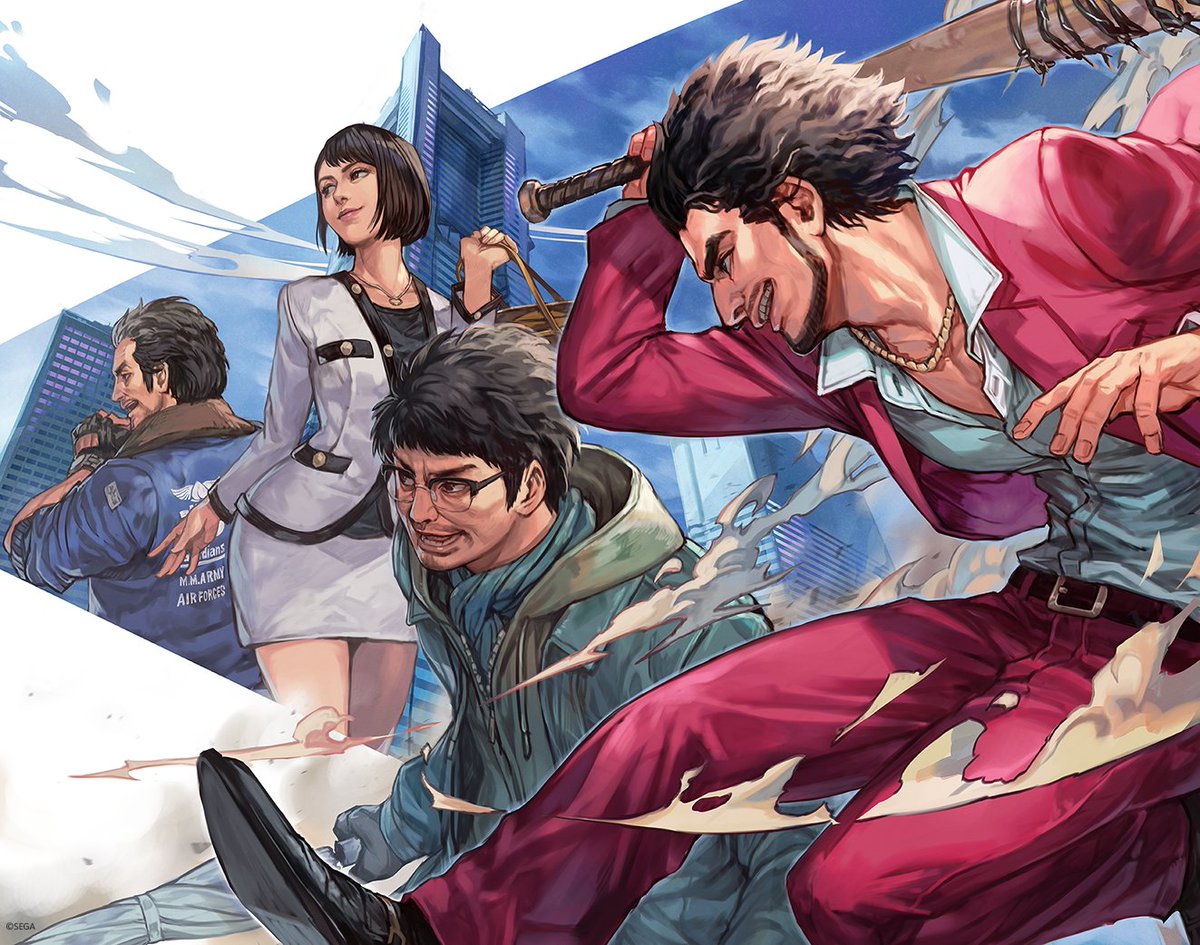 Artwork of Ichiban, Nanba, Saeko, and Adachi charging head-first into the brightly colored streets of Ijincho.