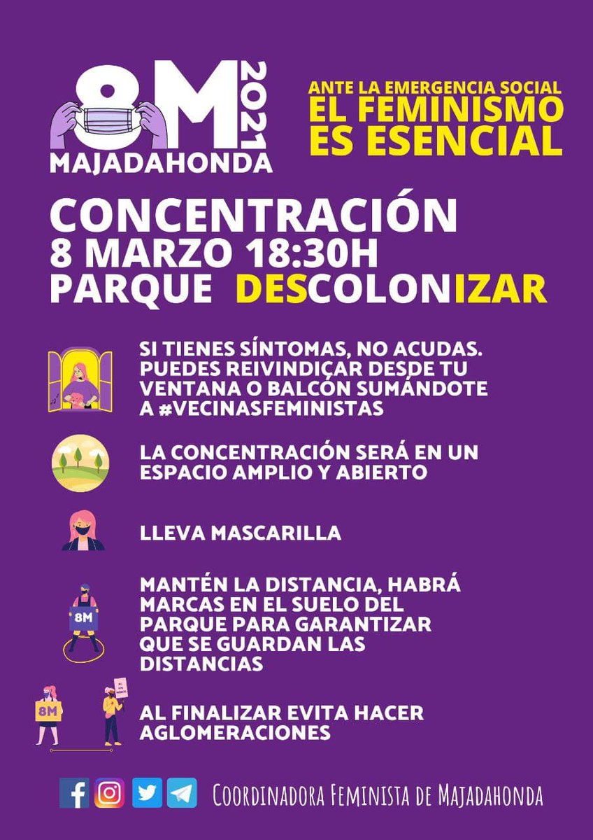 coordifemmaj's tweet photo. ⚠️Para garantizar las medidas sanitarias durante la concentración #8MMajadahonda 
𝗔𝗻𝘁𝗲 𝗹𝗮 𝗲𝗺𝗲𝗿𝗴𝗲𝗻𝗰𝗶𝗮 𝘀𝗼𝗰𝗶𝗮𝗹 𝗲𝗹 𝗳𝗲𝗺𝗶𝗻𝗶𝘀𝗺𝗼 𝗲𝘀 𝗲𝘀𝗲𝗻𝗰𝗶𝗮𝗹. Nos cuidamos cuidando.

#todosaldráfeminista https://t.co/g63G0v5wnH