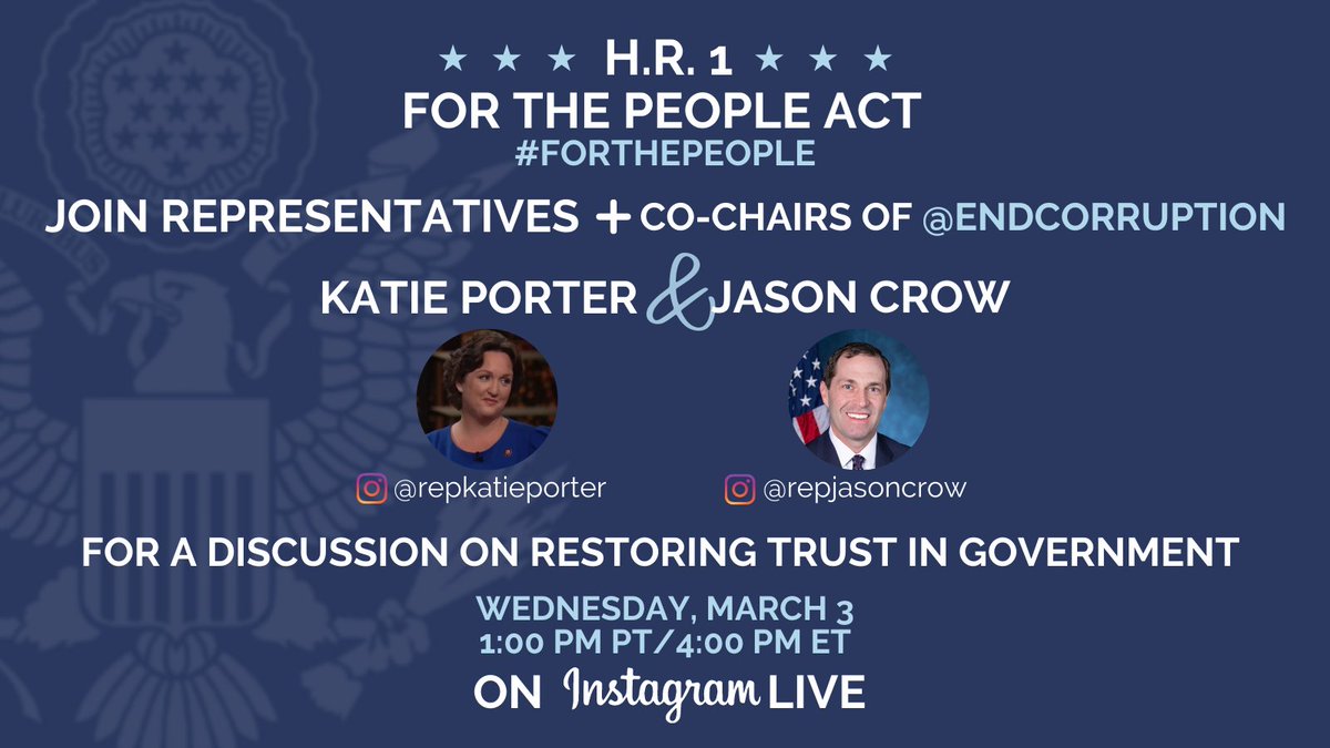 Rep. Jason Crow (@repjasoncrow) on Twitter photo You don't want to miss this.
<a href="/RepKatiePorter/">Rep. Katie Porter</a> and I are hosting a special Instagram live to talk about #HR1, how to restore trust and transparency in our democracy, and to announce the relaunch of the <a href="/EndCorruption/">End Corruption</a> Caucus.
Join us on IG tomorrow at 4:00 pm EST/2:00 pm MST. You don't want to miss this.
<a href="/RepKatiePorter/">Rep. Katie Porter</a> and I are hosting a special Instagram live to talk about #HR1, how to restore trust and transparency in our democracy, and to announce the relaunch of the <a href="/EndCorruption/">End Corruption</a> Caucus.
Join us on IG tomorrow at 4:00 pm EST/2:00 pm MST.
