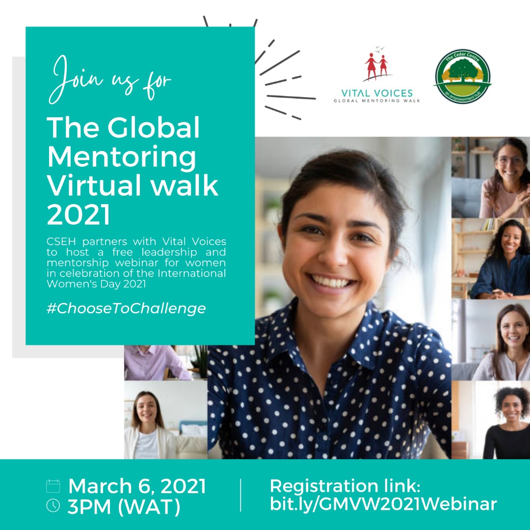 Join @CSEHng & @VitalVoices at their Virtual #GlobalMentoringWalk. Be empowered to succeed and mentored by established women leaders.
Date: March 6th, 2021 at 3pm WAT
Register now at https://t.co/KhwUCKPeEy
#IWD2021 #ChooseToChallenge #WomensHistoryMonth #InternationalWomensDay https://t.co/olGBOVddSq