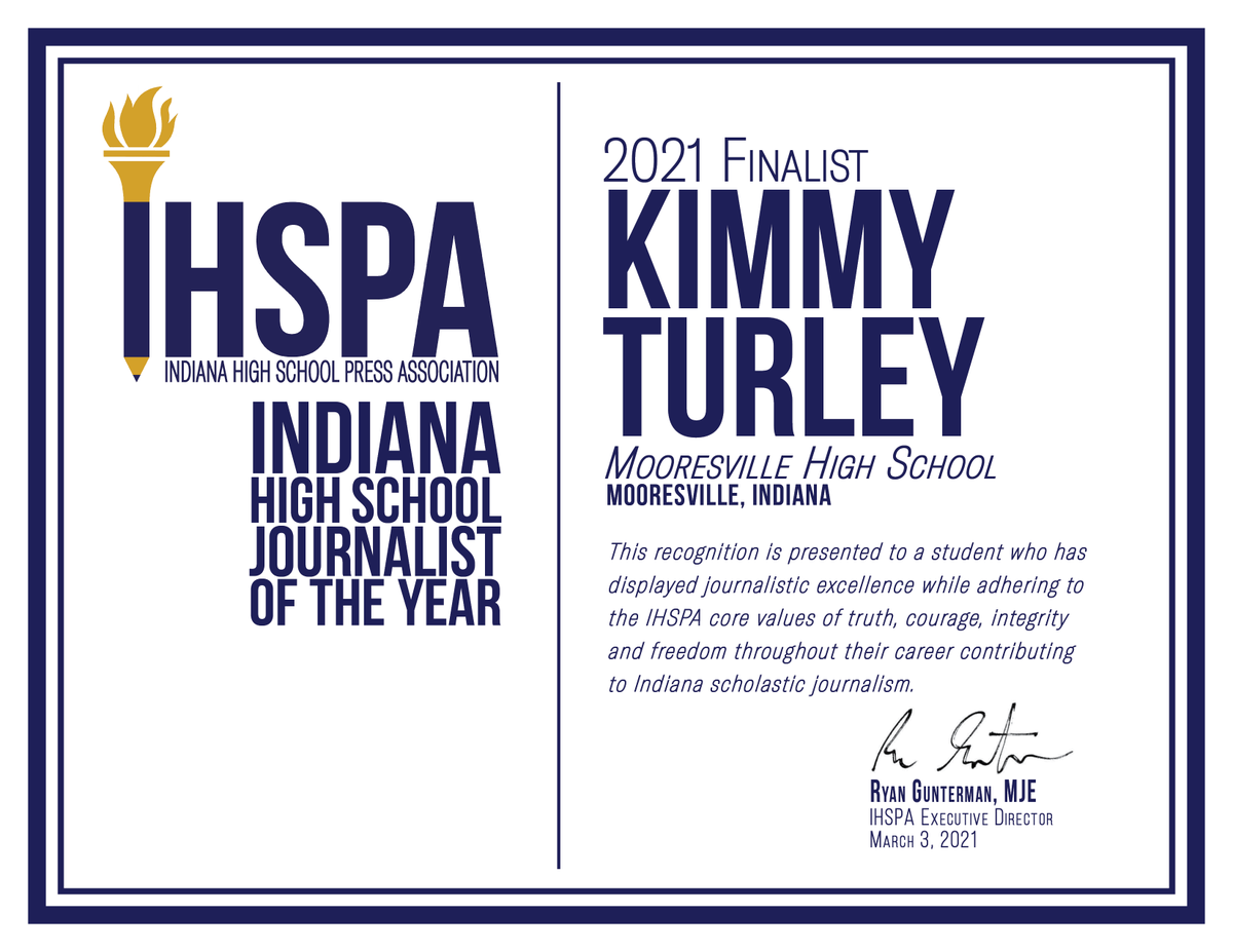 The fourth finalist for Indiana High School Journalist of the Year is…

Kimmy Turley from Mooresville HS (<a href="/MrsvlPioneers/">Mooresville Schools</a>)!

CONGRATULATIONS!