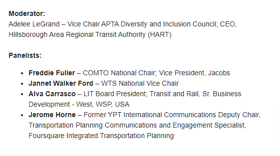 jahorne's tweet photo. It was a joy to participate in the Expanding Your Network panel discussion today for @APTA_Foundation! The panel focused on how APTF Scholars could get involved with various professional organizations in transportation. @COMTO_National, @WTS_Org, Latinos in Transit &amp; @YPTvoice! https://t.co/uRMswnfZqR