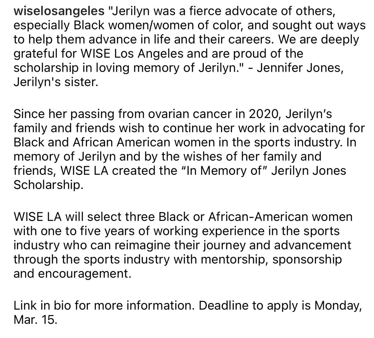 We lost a friend...

In honor of Jerilyn and her passion for giving back and elevating others in the community WISE Los Angeles has created a scholarship in her name. 

Please read, apply, and share!