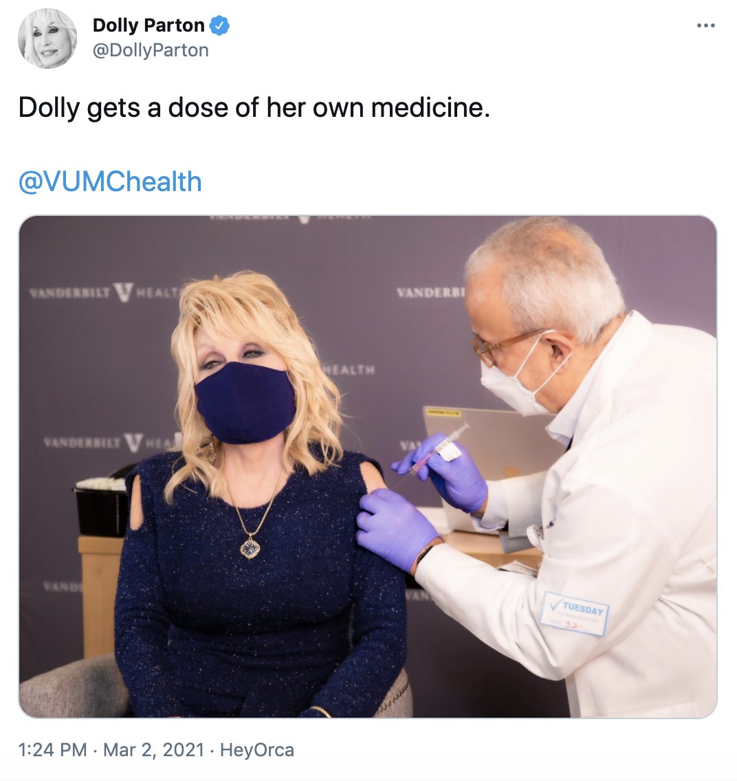 ajplus's tweet image. Dolly Parton just got the vaccine she helped fund.

The country music icon donated $1 million in 2020 to research that led to the Moderna #COVID19 vaccine.

"I'm old enough to get it, and I'm smart enough to get it," she said in a video encouraging others to get vaccinated.