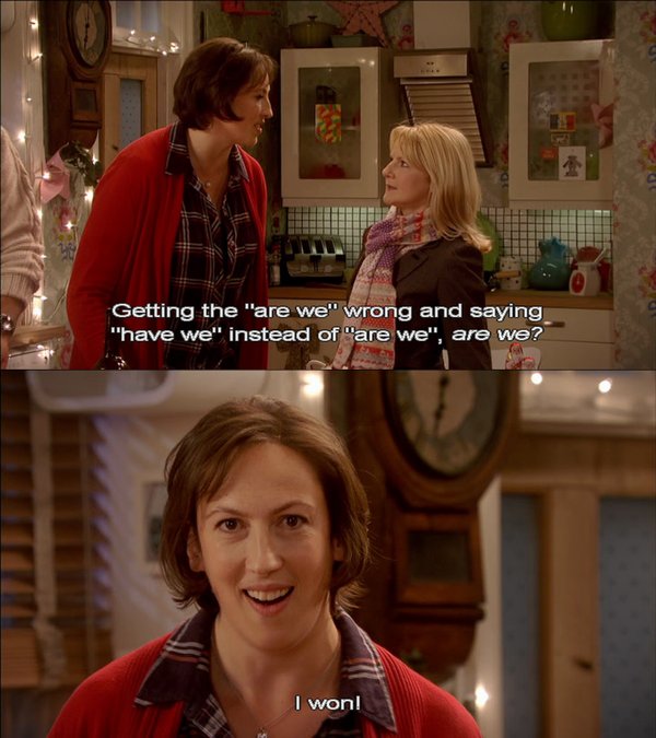 tvshowquote1's tweet photo. #Miranda: Strutting like a rabid Smurf, are we?
#Stevie: Got a bit of marzipan on our cheek, have we?
M: Gettin the “are we” wrong & saying “have we” instead of “are we” are we? I won!
#MirandaHart #MirandaQuote #Britcom #BritishSitcom #BritishComedy #MirandaSeries3 #BBCmiranda https://t.co/bWG9DfTXMo