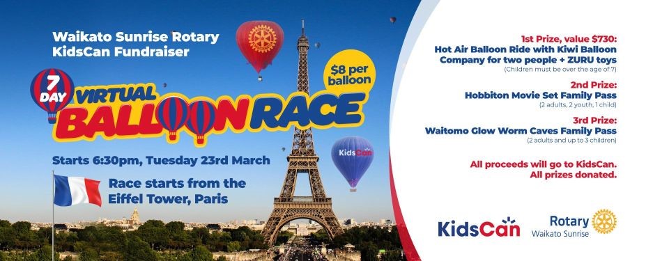 Fairfield_RC's tweet photo. The Virtual Balloon Race is Live!
BUY OR GIFT a virtual balloon and help KidsCan Waikato!
For $8 a balloon- watch it take off on Tuesday 23 March at 6.30PM, from the Eiffel Tower and see where it will travel over 7 days before arriving in New Zealand.
https://t.co/zdzTao94tC. https://t.co/4ZItQEzi5g