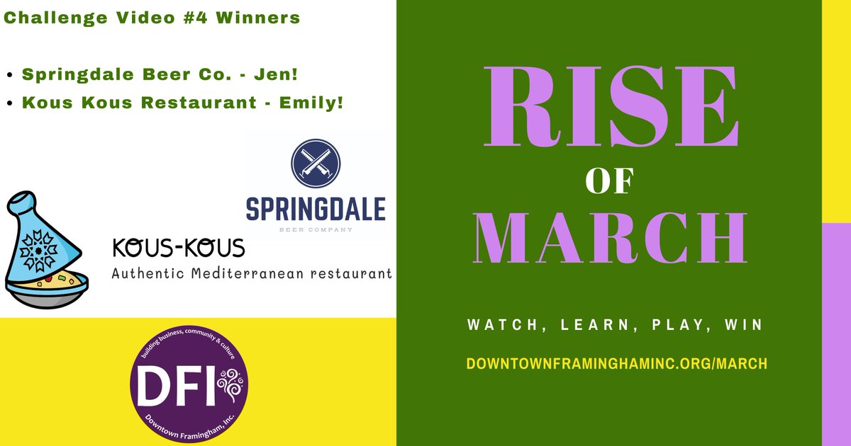 Congrats to our Rise of March winners, Emily and Jen, who will get e-gift cards to <a href="/springdalebeer/">Springdale Beer Co.</a> &amp; Kous Kous Restaurant!
Challenge Q #4 Answer:  Pollo Royal!
Tomorrow is Challenge #5 featuring <a href="/JacksAbby/">Not jacks abby</a> and Framingham Station Steakhouse!
Play here: downtownframinghaminc.org/march
