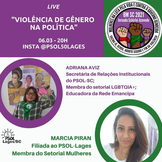 LagesPsol's tweet photo. O PSOL-Lages, através do Setorial de Mulheres se soma ao movimento 8M-SC, e realizará uma sequência de 3 lives no insta https://t.co/pNzoyzOEZJ, fique por dentro e acompanhe!
#mulheres #ForaBolsonaro #VacinaJá #AUXILIOEMERGENCIALJA #PSOL #psol50 #politica #8M #8msc https://t.co/HryBxuiiDt