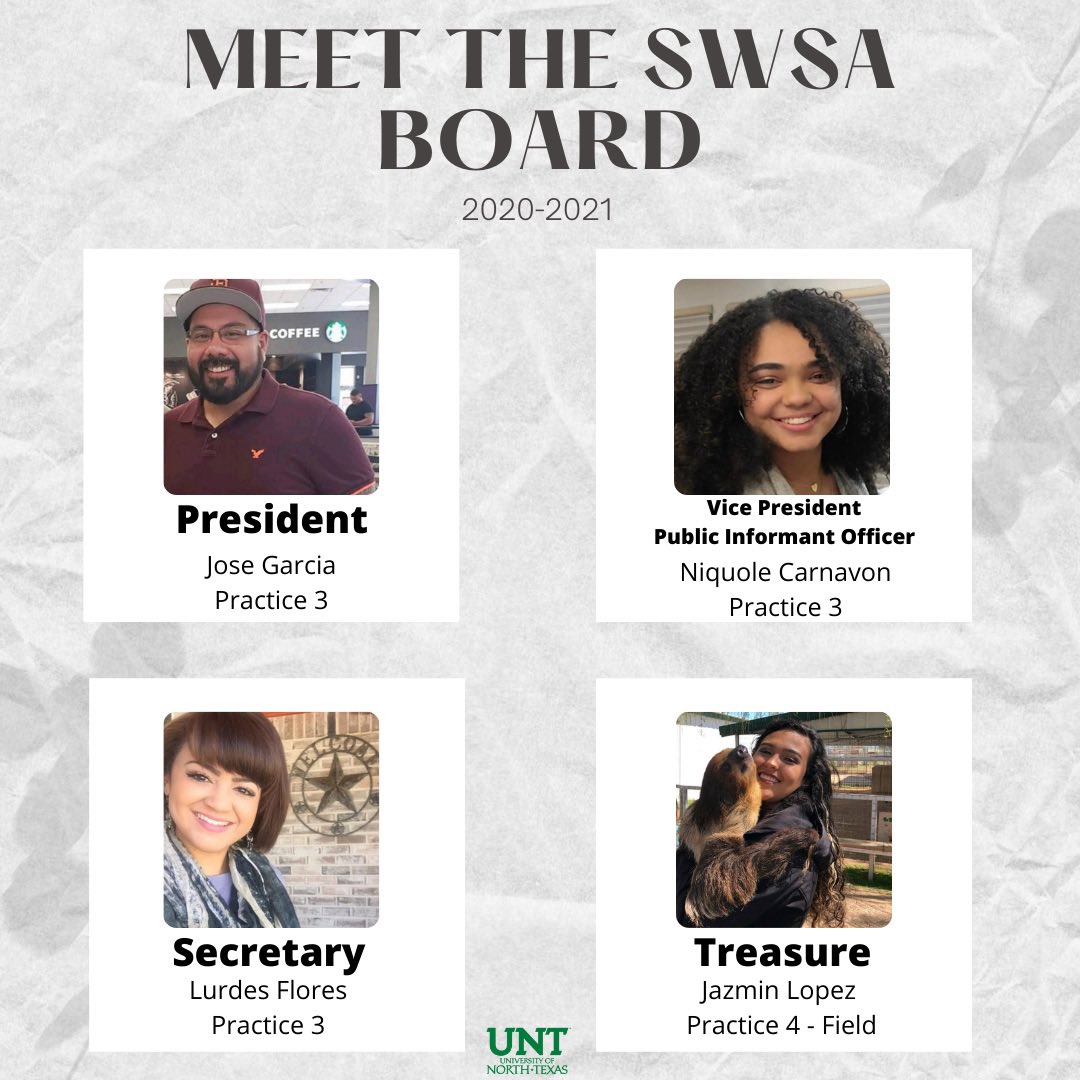 UNT_SWSA's tweet photo. Meet the SWSA board members! 
Jose- President 
Niquole- Vice President and Public Informant Officer
Lurdes- Secretary 
Jazmin- Treasure https://t.co/8PqON1eJqO