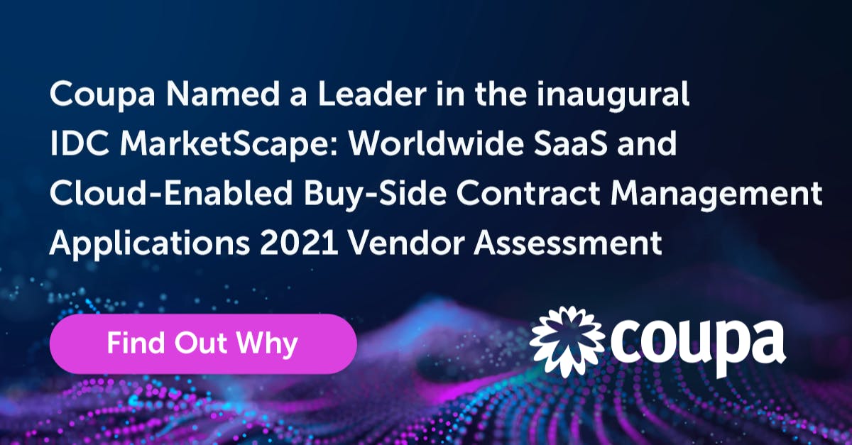 BillPatzer's tweet photo. Coupa Named a Leader in the inaugural @IDC MarketScape: Worldwide #SaaS and Cloud-Enabled Buy-Side #Contract Management Applications 2021 Vendor Assessment. #bsm #contracts @coupa https://t.co/AZb1gGo9n2 https://t.co/eTvF9Orm2Z